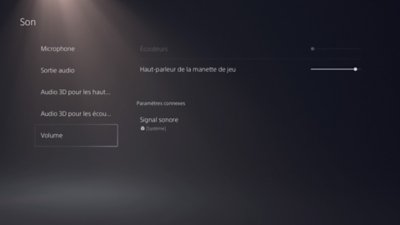 Écran Son de la PS5 avec l'option Volume en surbrillance dans le menu de gauche.