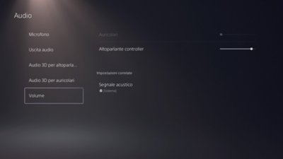 Schermata dell'Audio di PS5 con Volume evidenziato nel menu a sinistra.