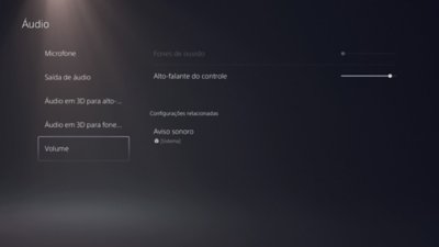 Tela de áudio do PS5 com volume destacado no menu à esquerda.