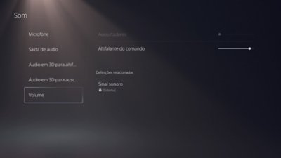 Ecrã Som da PS5 com a secção Volume realçada no menu do lado esquerdo.