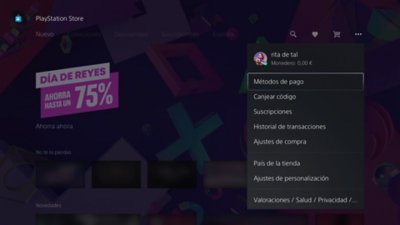 Vista del menú de PlayStation Store en PS5, con el icono de menú de tres puntos resaltado en la esquina superior derecha y el saldo del monedero dentro de un círculo.