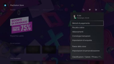 Vista del menu di PlayStation Store su PS5, con l'icona del menu con i tre puntini in evidenza in alto a destra e il saldo del portafoglio cerchiato.