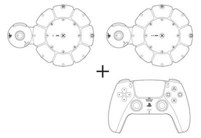 Dois controles Access, um sinal de mais e um controle sem fio DualSense.