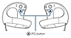 Placering af PS-knappen på både den venstre og højre PS VR2 Sense-controller.