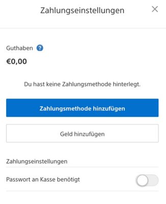 Ansicht der Zahlungseinstellungen im PlayStation Store im Browser, mit dem Guthaben oben links.