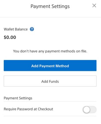 View of PlayStation Store Payment Settings screen on browser, with the wallet balance in the upper left.