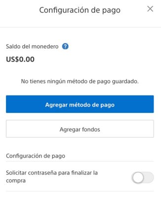 Vista de la pantalla de configuración de pagos de PlayStation Store en el navegador, con el saldo del monedero en la parte superior izquierda.