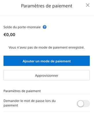 Vue de l'écran Paramètres de paiement du PlayStation Store depuis un navigateur avec le solde du porte-monnaie dans le coin supérieur gauche.