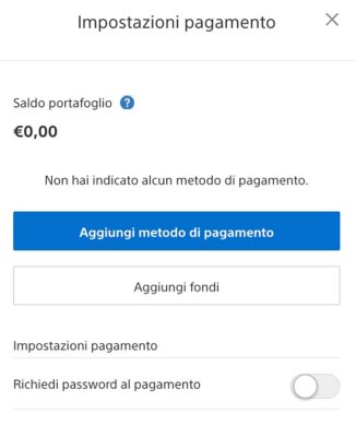 Vista della schermata Impostazioni di pagamento di PlayStation Store sul browser, con il saldo del portafoglio in alto a sinistra.