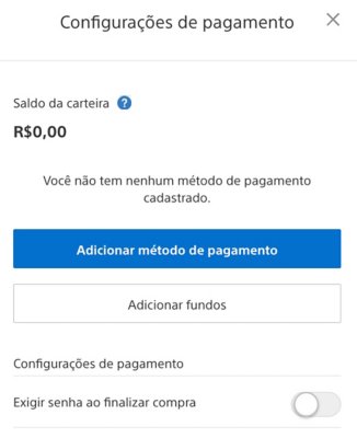 Visualização da tela de Configurações de pagamento da PlayStation Store, com o saldo da carteira no canto superior esquerdo.