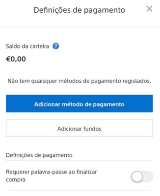 Vista do ecrã Definições de pagamento da PlayStation Store num navegador, com o saldo da carteira no canto superior esquerdo.