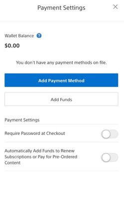 View of PlayStation Store Payment Settings screen on browser, with the wallet balance in the upper left.