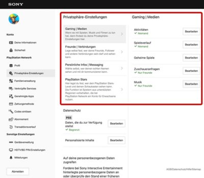 Bildschirm mit dem Abschnitt "Privatsphäre-Einstellungen" in der Konto-Verwaltung, auf dem die Elemente der "Privatsphäre-Einstellungen" auf PSN hervorgehoben sind.