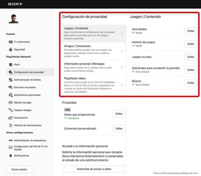 Se resalta la pantalla que muestra la sección Configuración de privacidad de la Administración de cuentas con los elementos "Configuración de privacidad" en PSN.