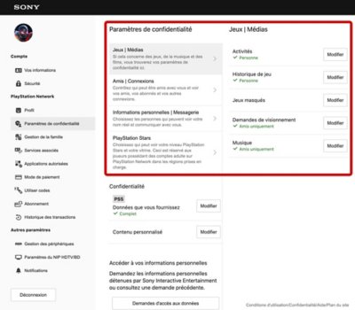 Écran présentant la section Paramètres de confidentialité du menu Gestion du compte, mettant en surbrillance l'option "Paramètres de confidentialité" sur le PSN.
