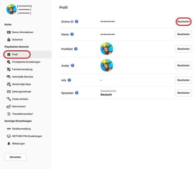 Position der Schaltfläche zum Bearbeiten der Online-ID in der Konto-Verwaltung