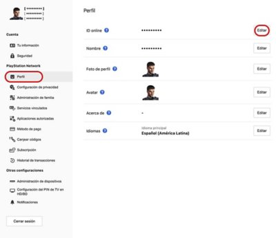Ubicación del botón de edición de ID online en Administración de cuentas