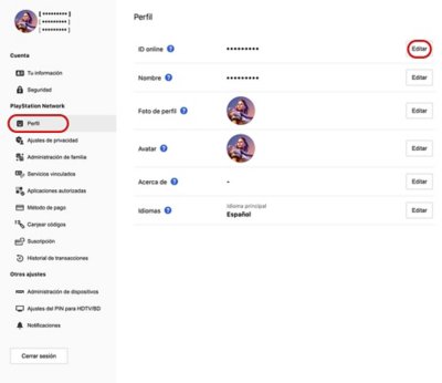 Ubicación del botón para editar el ID online en gestión de cuentas