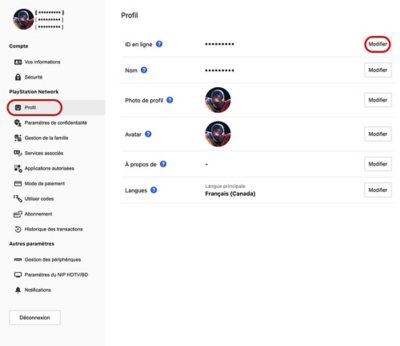Emplacement du bouton de modification de l'ID en ligne dans le menu Gestion du compte