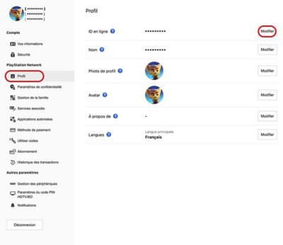 Emplacement du bouton de modification de l'ID en ligne dans le menu Gestion du compte