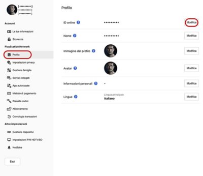 Posizione del tasto di modifica dell'ID online in Gestione account