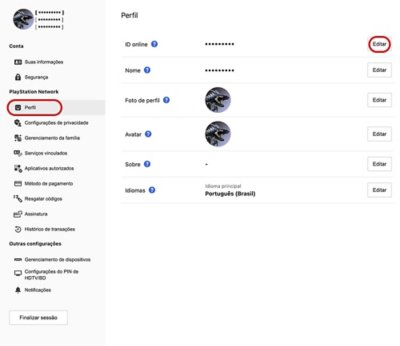 Localização do botão de edição da ID online no gerenciamento da conta