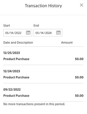 Screen showing your purchase history for the past two years, which is the default.