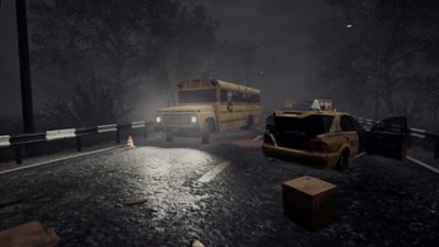 SURV1V3 screenshot showing a broken down car and a bus with its lights on in the middle of a dark road