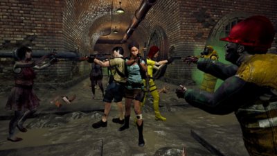 SURV1V3 screenshot showing a group of survivors standing in a unit shooting zombies