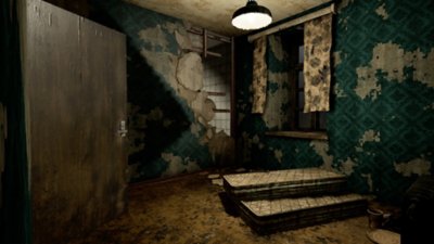 SURV1V3 screenshot showing a decrepit bedroom area with blue paint peeling off the walls