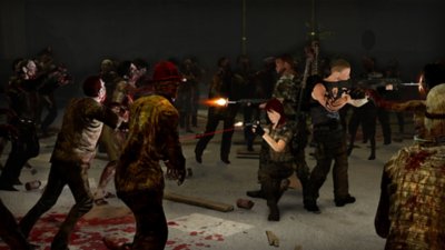 SURV1V3 screenshot showing a group shooting at zombies