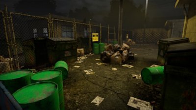 SURV1V3 - Capture d'écran montrant une déchèterie lugubre remplie de sacs poubelles et de conteneurs verts