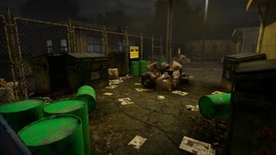 SURV1V3 screenshot showing a grim waste area full of bin bags and green containers