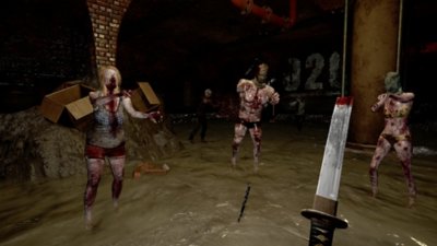 SURV1V3-screenshot van een kapotte katana en een groep zombies