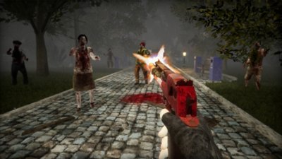 SURV1V3 screenshot showing a red desert eagle gun firing at zombies on a cobbled street