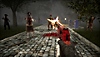 Snímek obrazovky ze hry SURV1V3 zobrazující červenou zbraň Desert Eagle střílející na zombie na dlážděné ulici