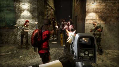 SURV1V3 screenshot showing a duo of players firing at a group of zombies in an alleyway