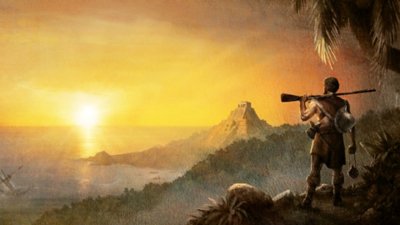 Survival: Fountain of Youth hero artwork showing the explorer looking out over a vista at sunset