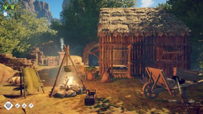 Survival: Fountain of Youth screenshot showing a wooden cabin and campfire