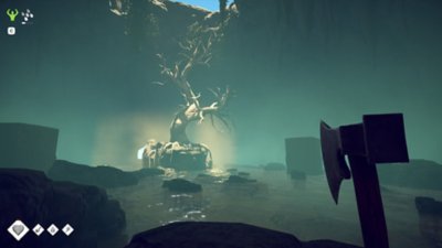 Captura de pantalla de Survival: Fountain of Youth que muestra al jugador acercándose con un hacha a un árbol