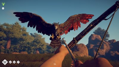 Survival: Fountain of Youth screenshot showing the player aiming a bow and arrow at a bird of prey