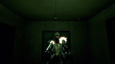 Switchback VR – Capture d'écran montrant les mains du joueur qui tirent avec des armes à feu sur un ennemi dans une pièce sombre
