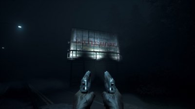 switchback vr-screenshot van de handen van de speler, die twee pistolen vasthoudt, in een duister gebied voor een billboard van Little Hope