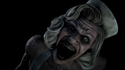 skjermbilde fra switchback vr med et nærbilde av ansiktet til en zombiesykepleier