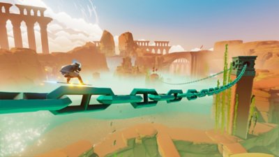 Gameplay screenshot from Sword of the Sea depicting a character surfacing across a giant glowing anchor chain.