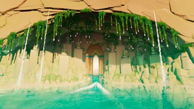 Gameplay screenshot from Sword of the Sea depicting a passage in a sandy cliffside.