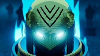 Gameplay screenshot from Sword of the Sea depicting a faceless figure with glowing eyes.