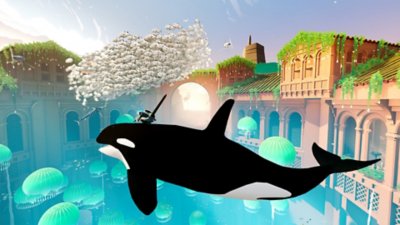 Gameplay screenshot from Sword of the Sea depicting an orca jumping through the air.