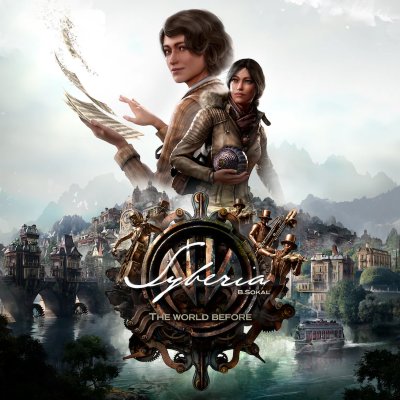 Syberia - The World Before - keyart van twee personages met een stad op de achtergrond.