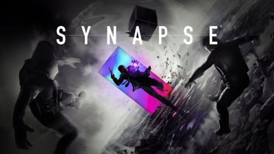 Synapse key art showing a character running through a rectangular rainbow colored doorway and fighting an enemy.